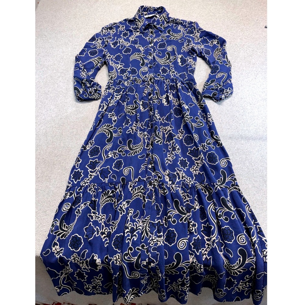 Zara Maxi Dress Women XS Blue Floral Paisley Tiered Button Front Midi Shirtdress